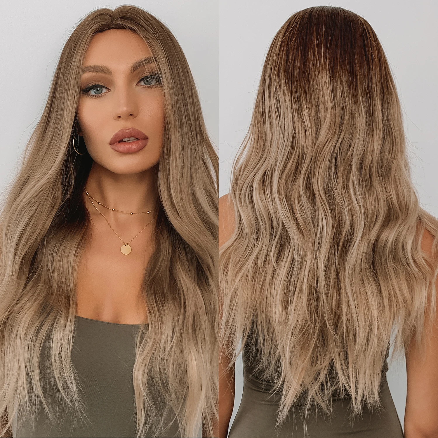 Element Long Water Wave Women Wigs Middle Part Ombre Black Brown Blonde Ash Highlight Synthetic Hair Wig Heat Resistant Hair