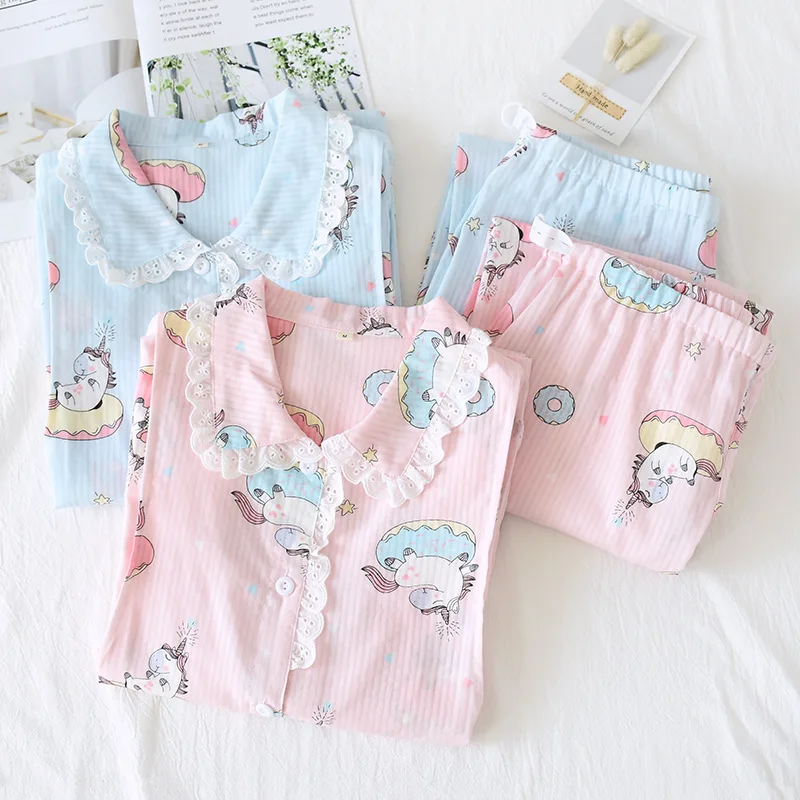 

Spring New Breast-feeding Pajamas Plus Size Pure Cotton Double Layer Gauze Maternity Suit Cartoon Printing Pijama Mujer 2 Piece