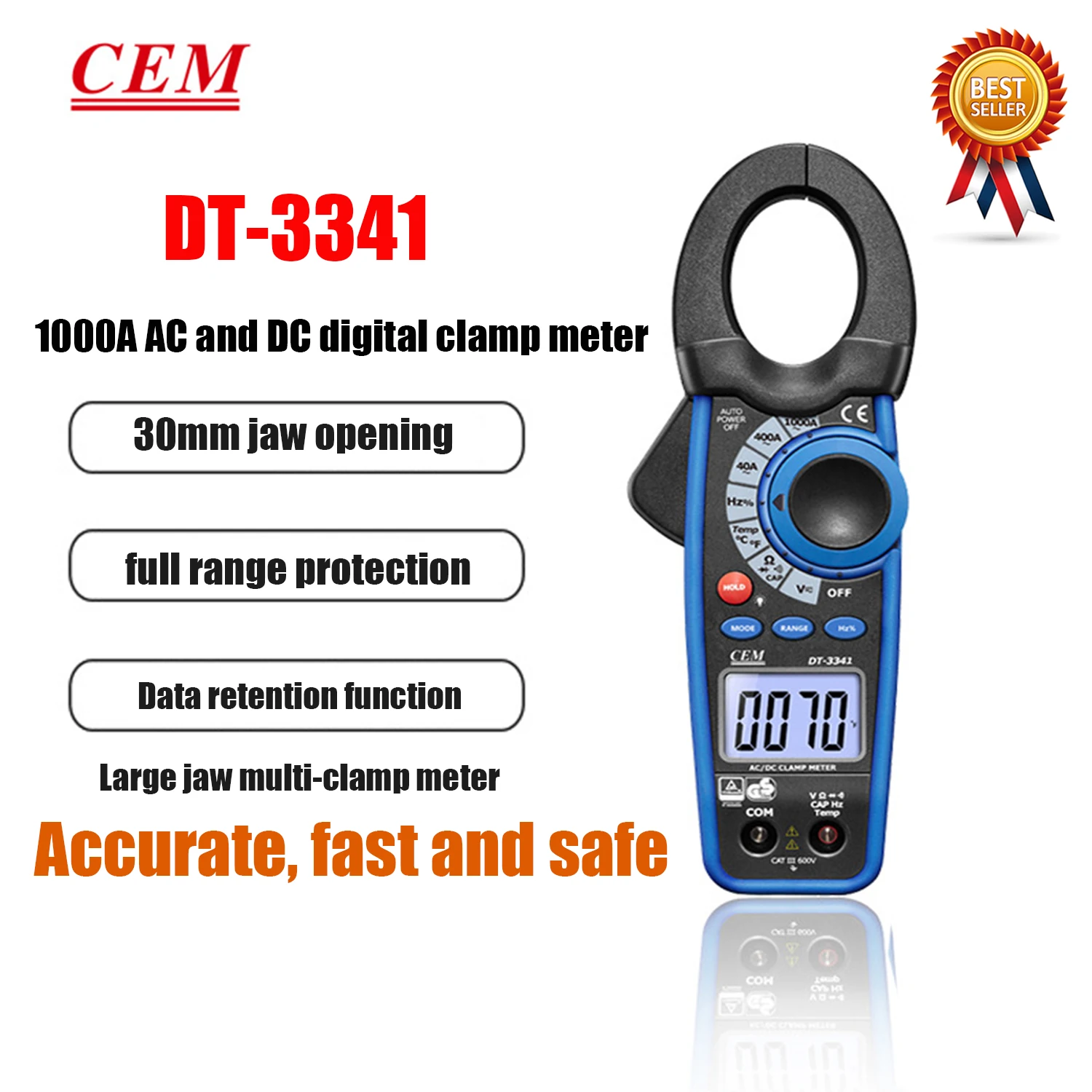 CEM DT-3340 DT-3341 DT-3343 DT-3345 DT-3347 DT-3348 Digital Clamp Type Meter Overload Protection Resistance Diode Test Backlight