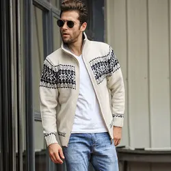 Men Fashion Plaid Stand Collar Slim Sweater Male Trend Casual Knitted Wool Cardigans Outerwear Clothing
