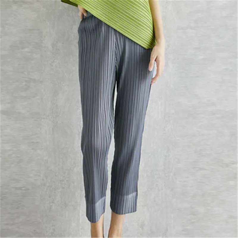 Miyake pleated fashion new cropped trousers, solid color, large size, slim fit, urban casual pants, split pants, women's pants