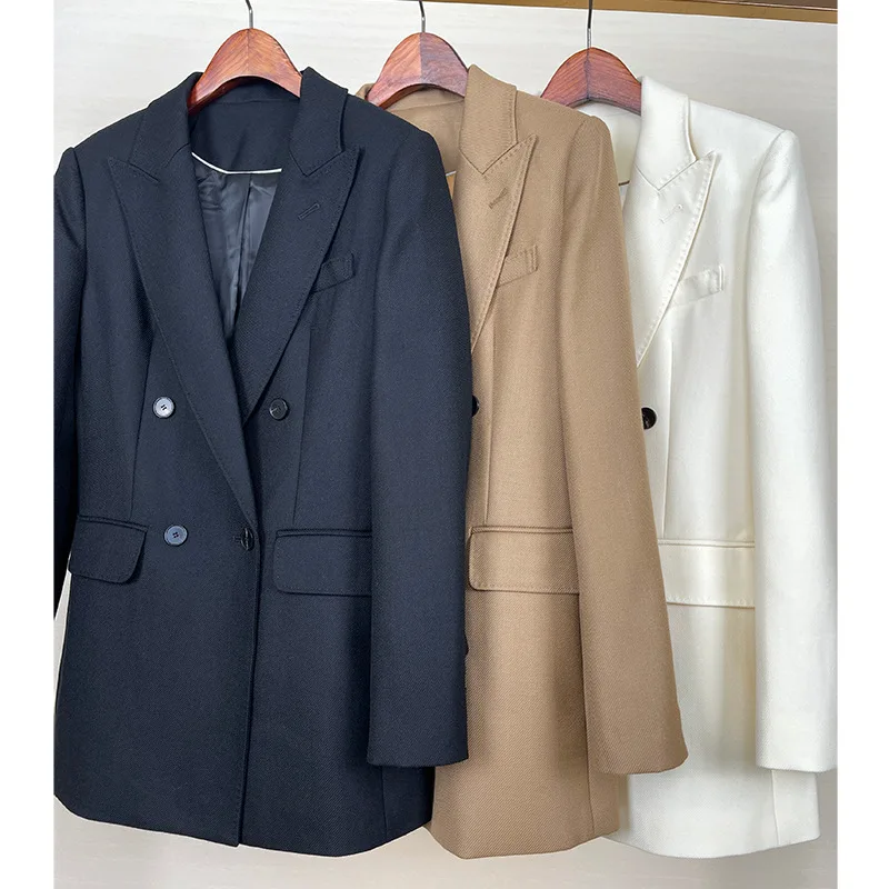 High-end Suit Jacket Women Autumn 100% Wool Horn Buckle White Small Suit 2024 Winter Black Double-Breasted Slim Commuter Classic