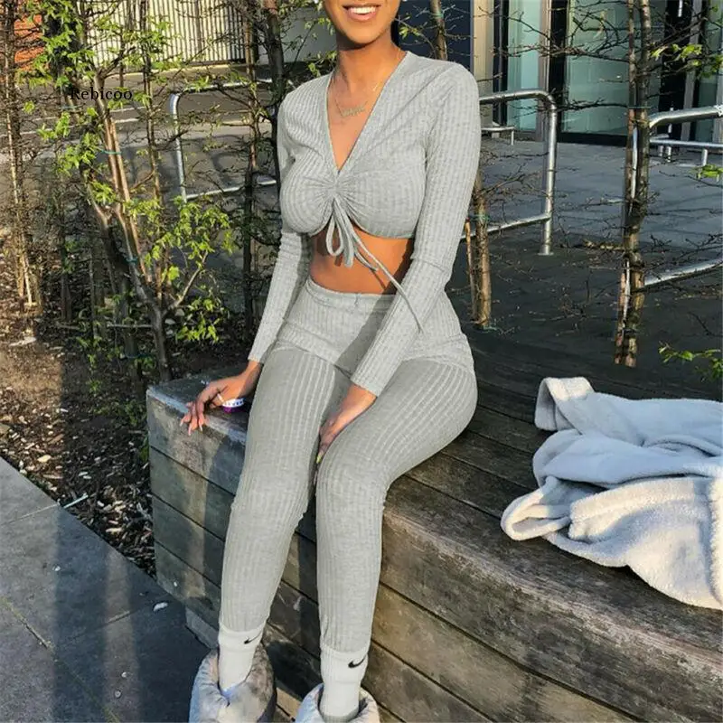 

Women Knitted Lounge Wear Sets 2Pcs Crop Top Suit Ladies Tracksuit Set Autumn Casual Streetwear Clubwear