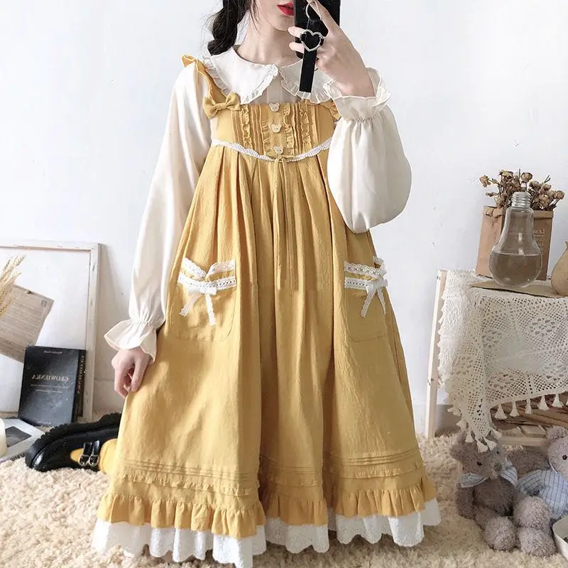 Sweet princess lolita strap dress vintage falbala high waist printing victorian dress kawaii girl gothic lolita cosplay loli