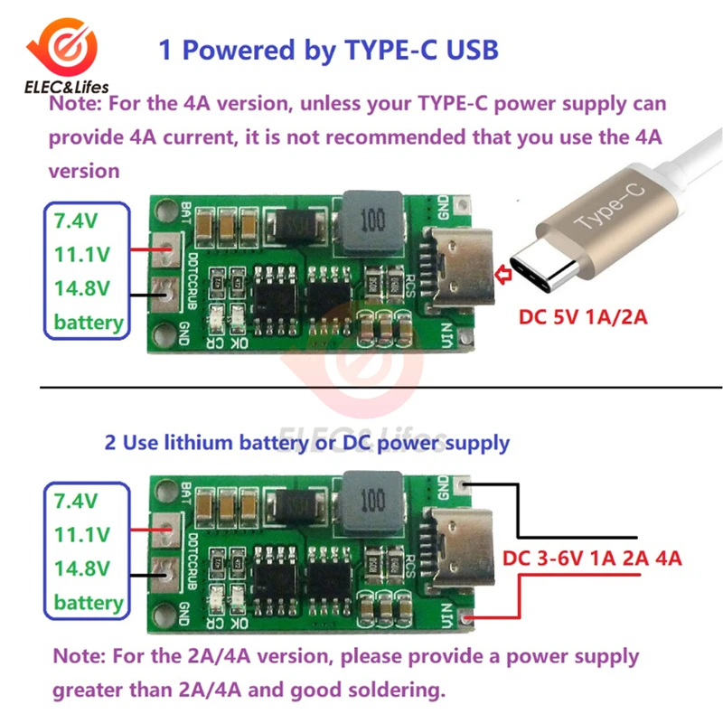 2S 3S 4S 1A 2A 4A Type-C To 8.4V 12.6V 16.8V Step-Up Boost LiPo Polymer Li-Ion Charger 7.4V 11.1V 14.8V 18650 Lithium Battery