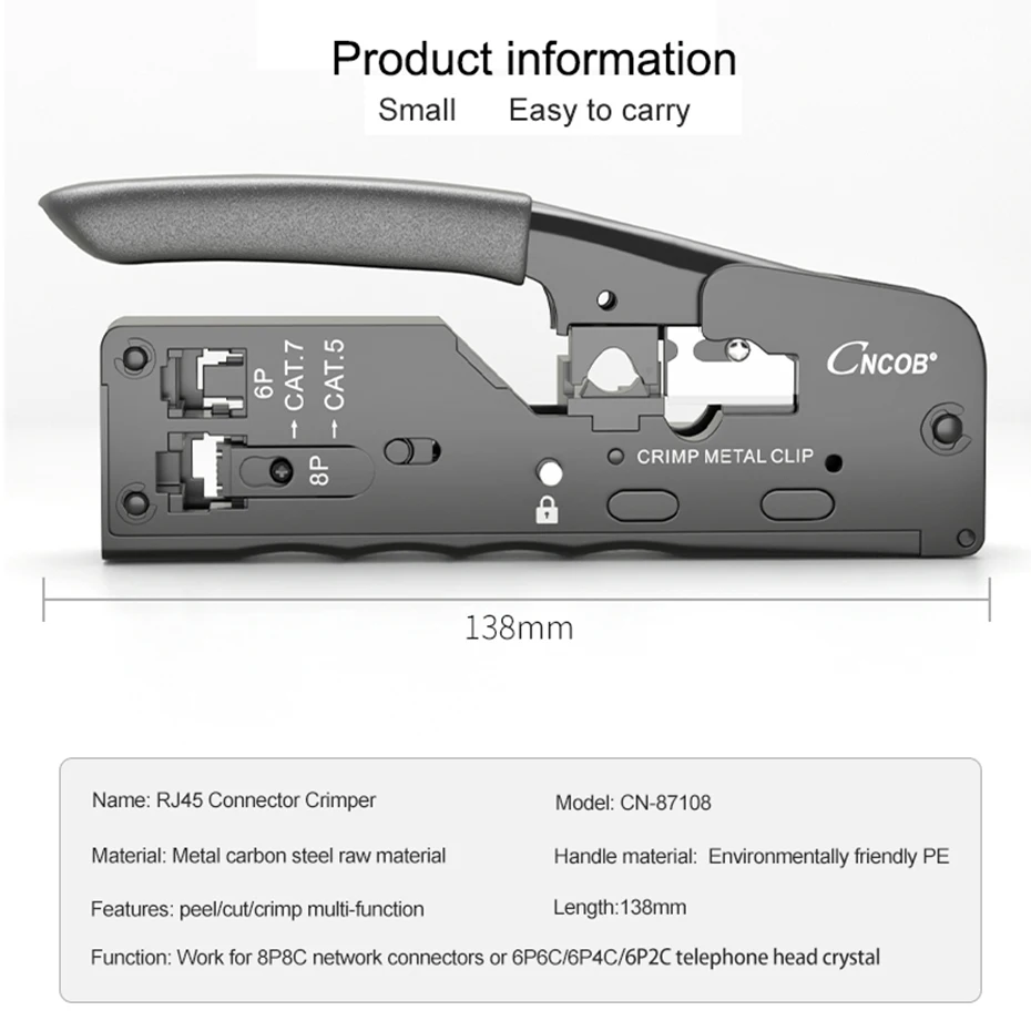 Outil de sertissage RJ45, câble Ethernet à pression facile, ligne téléphonique, outil de sertissage RJ11 + 10 connecteurs Cat6 avec queues + 10 bottes