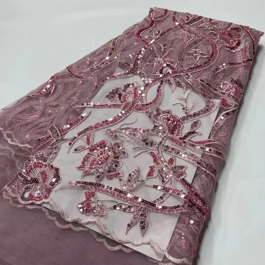 

Latest Nigerian High-End Handmade Beads French Net Lace Fabric With Sequins Nigerian Fabric 5 Yards For Wedding TS9659