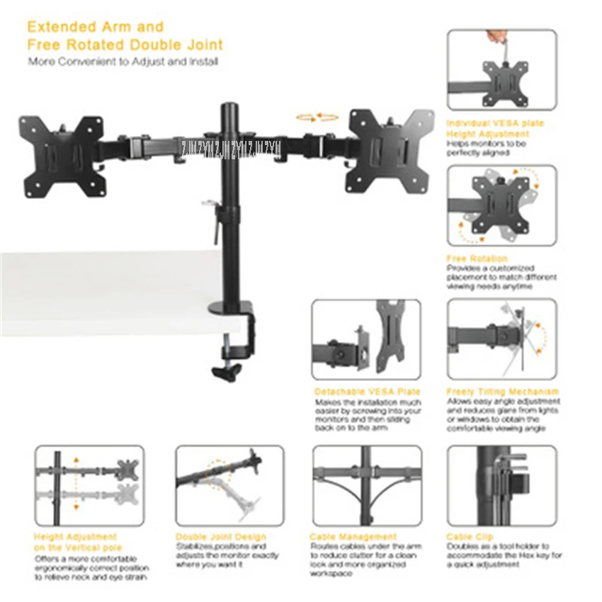 MS02 Double Monitor Mount Arms 360 Degree Rotation Dual Screen Display Bracket Table Clamp Type Free Lifting Monitor Holder