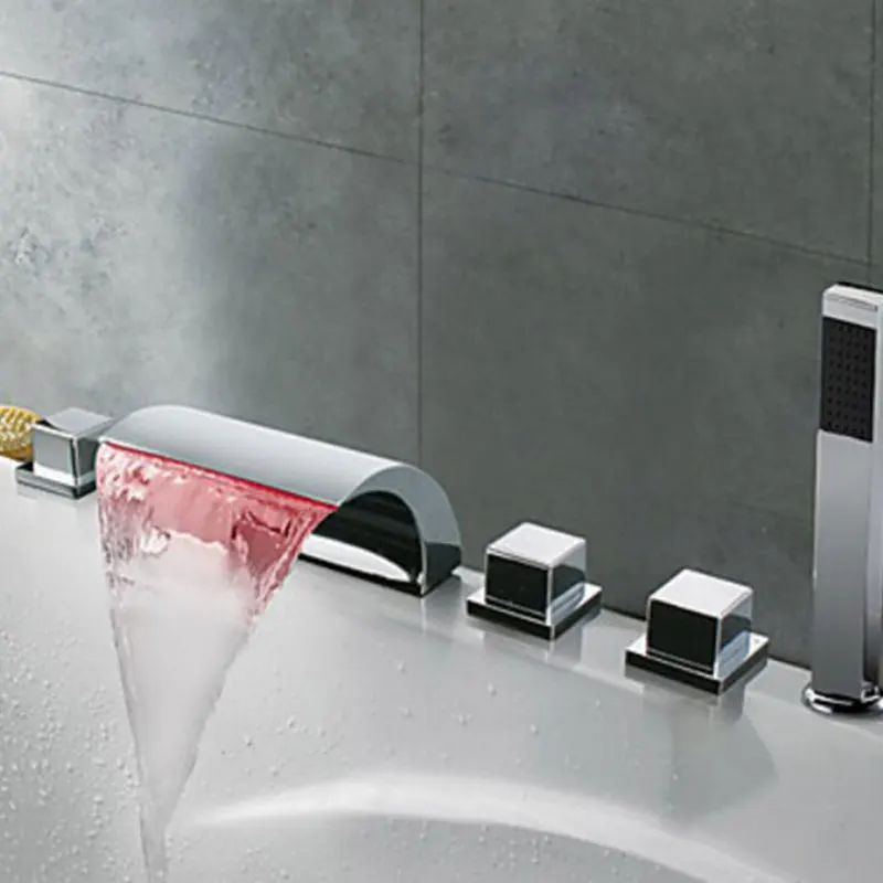 Bathroom Tub LED Light Faucet Widespread 5pcs Mixer Tap with Handheld Shower Set with Rainfall Hand Shower