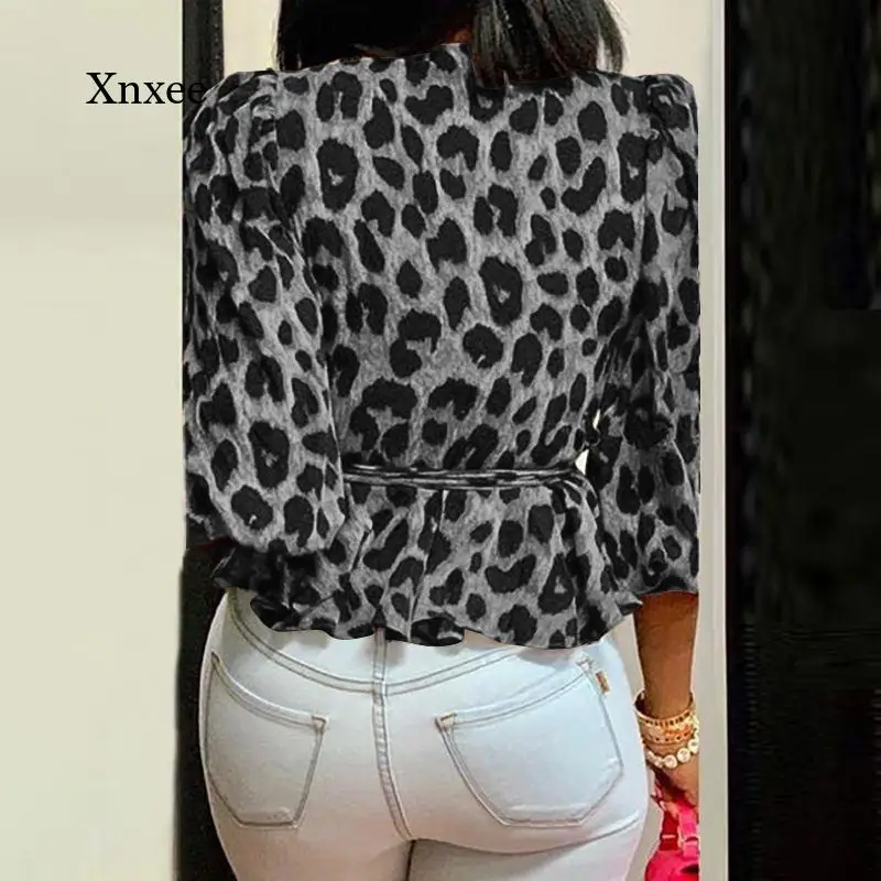 5Xl Women Leopard Print Blouses Belted  Elegant Cross V Neck Ruffles Tops Fashion Office Tunic Shirt Sexy Casual Tee