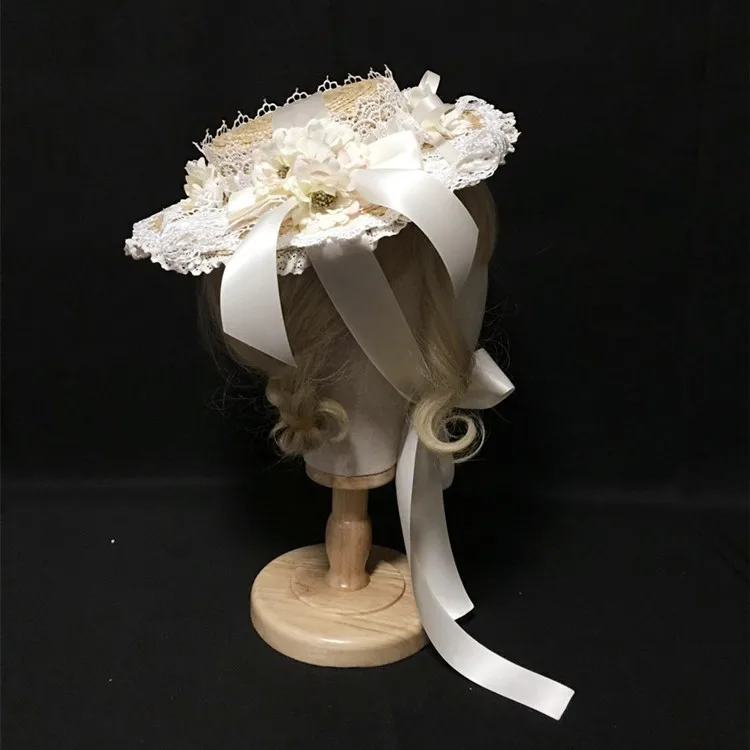 Handmade flat Top Retro Lolita Straw Hat Elegant Party Mori girl Flower Bandge Bowknot Hairband Hairpin Headdress