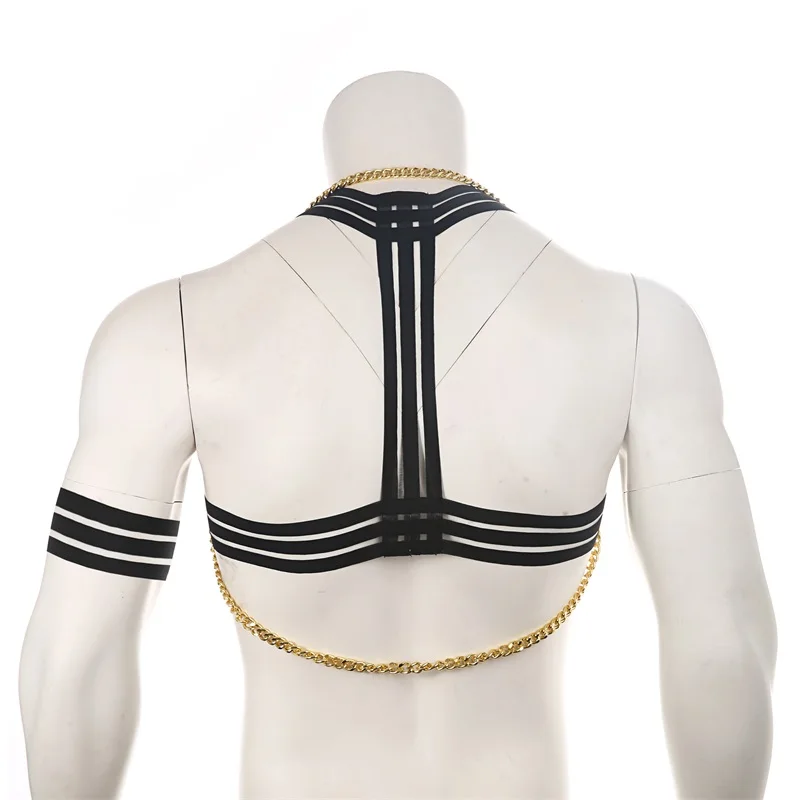 CLEVER-MENMODE Sexy Men Body Chest Metal Chain Harness Elastic Shoulder Strap Stage Costume Clubwear Necklace Lingerie hombre