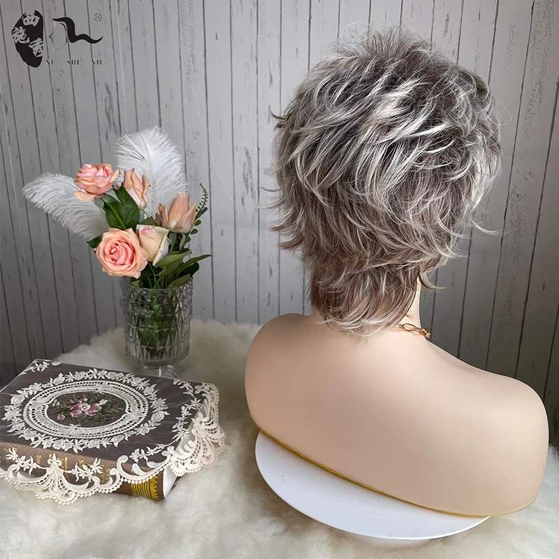 Short Mixed Grey Natural Wave Fluffy Hair Synthetic Wig With Bangs For Women Pixie Cut Natural Wavy Heat Resistant Cosplay Wigs