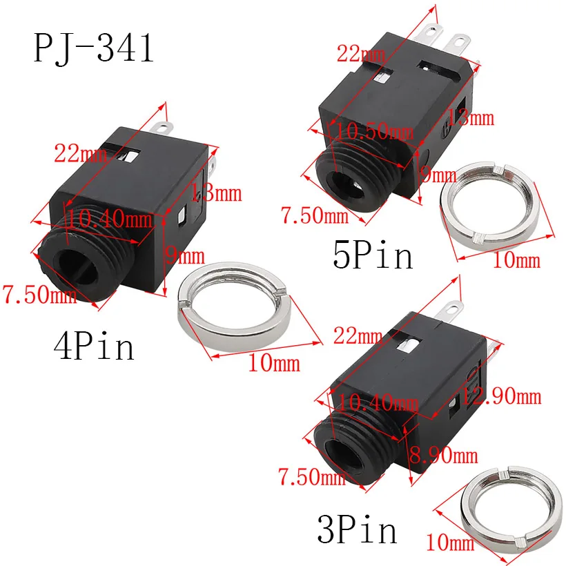 5Pcs 2.5/3.5/6.35mm PJ612A PJ316 PJ341 PJ201M PJ210B PJ307 PJ301M PJ306/M Female Jack Headphone Connector 3/4/5/8/11Pin with Nut