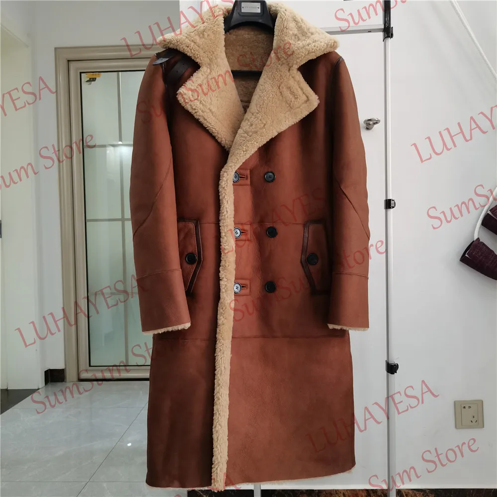 LUHAYESA Fashion Real Sheepskin Fur Coat Genuine Leather Male Formal Winter Long Thick Jacket Sheepskin Shearling Men Fur Coat