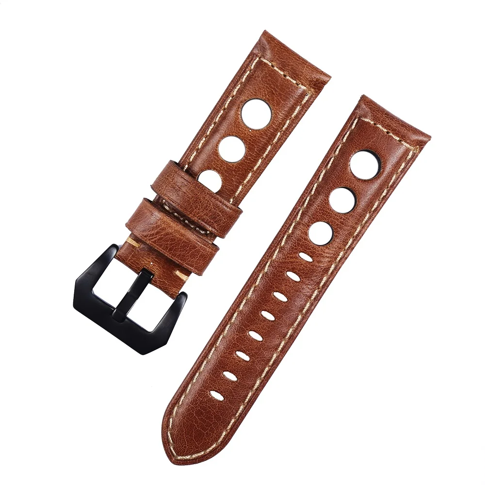 Genuine Leather Watch Strap Vintage Brown Black 20mm 22mm 24mm Watch Belt For Man Three Holes Breathable Soft Watch Band Leather