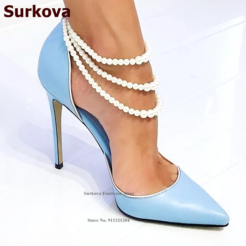 Surkova luxo pérola cinta sapatos de salto alto azul branco preto apontado toe jóias embelezado sapatos casamento bombas rasas elegantes