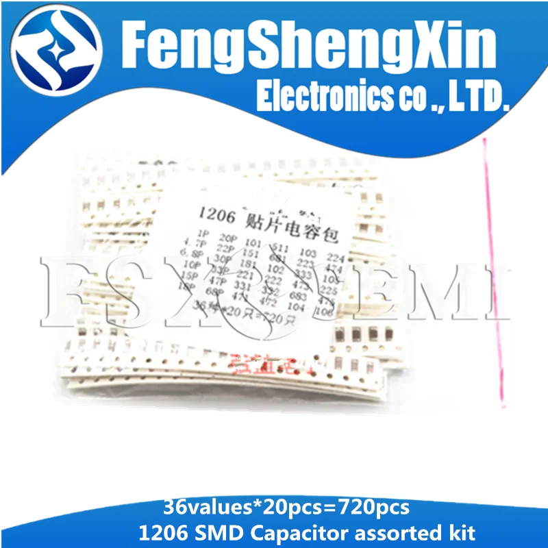 36values X20pcs=720pcs 1pF~10uF 1206 SMD Capacitor assorted kit Capacitors 1PF  4.7PF  6.8PF 470NF 1UF  2.2UFF