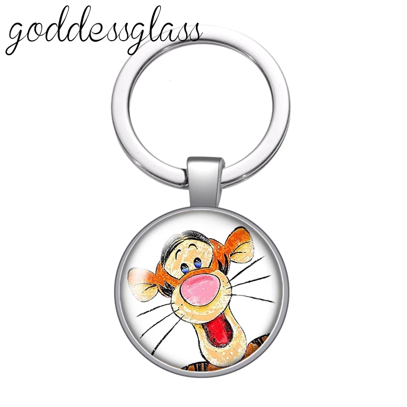 Disney Pooh Friends Tigger Cute Cartoon Tiger glass cabochon keychain Bag Car key chain Ring Holder Charms keychains gift