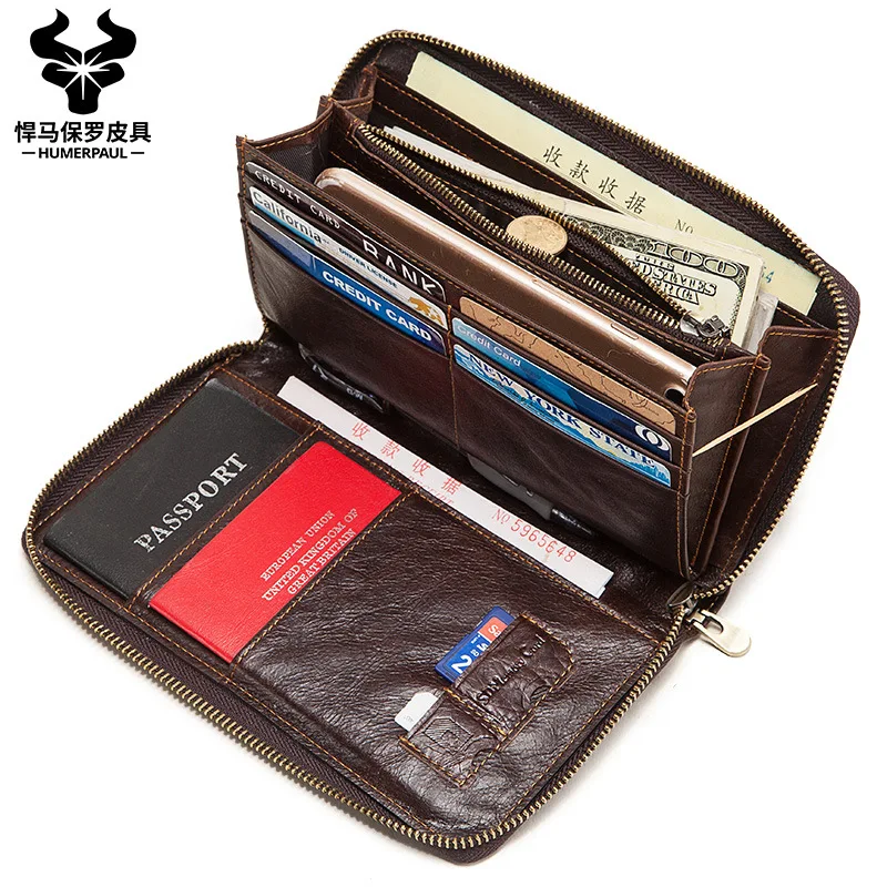 Leather Men's Bag Multi-function Large-capacity Men's Clutch Bag Travel Passport Bag Cowhide Zipper Wallet Thanksgiving Gift