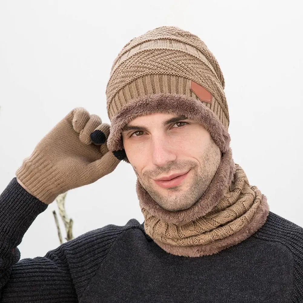 Topi kupluk rajut salju Slouchy hangat Set syal topi tengkorak rajut untuk pria wanita musim dingin sarung tangan syal sarung tangan layar sentuh syal lingkaran