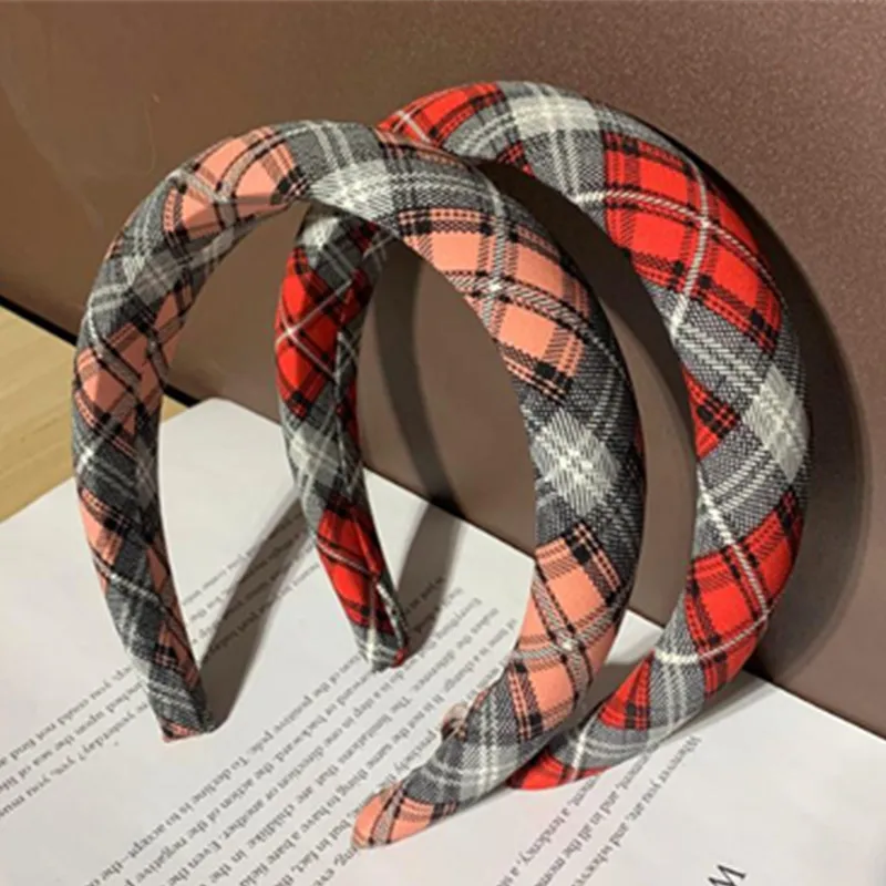 Wine Red Plaids Padded Headband for Women Hair Accessories Thick Sponge Hairband Adults Headdress Make Up Head Band Hair Hoop