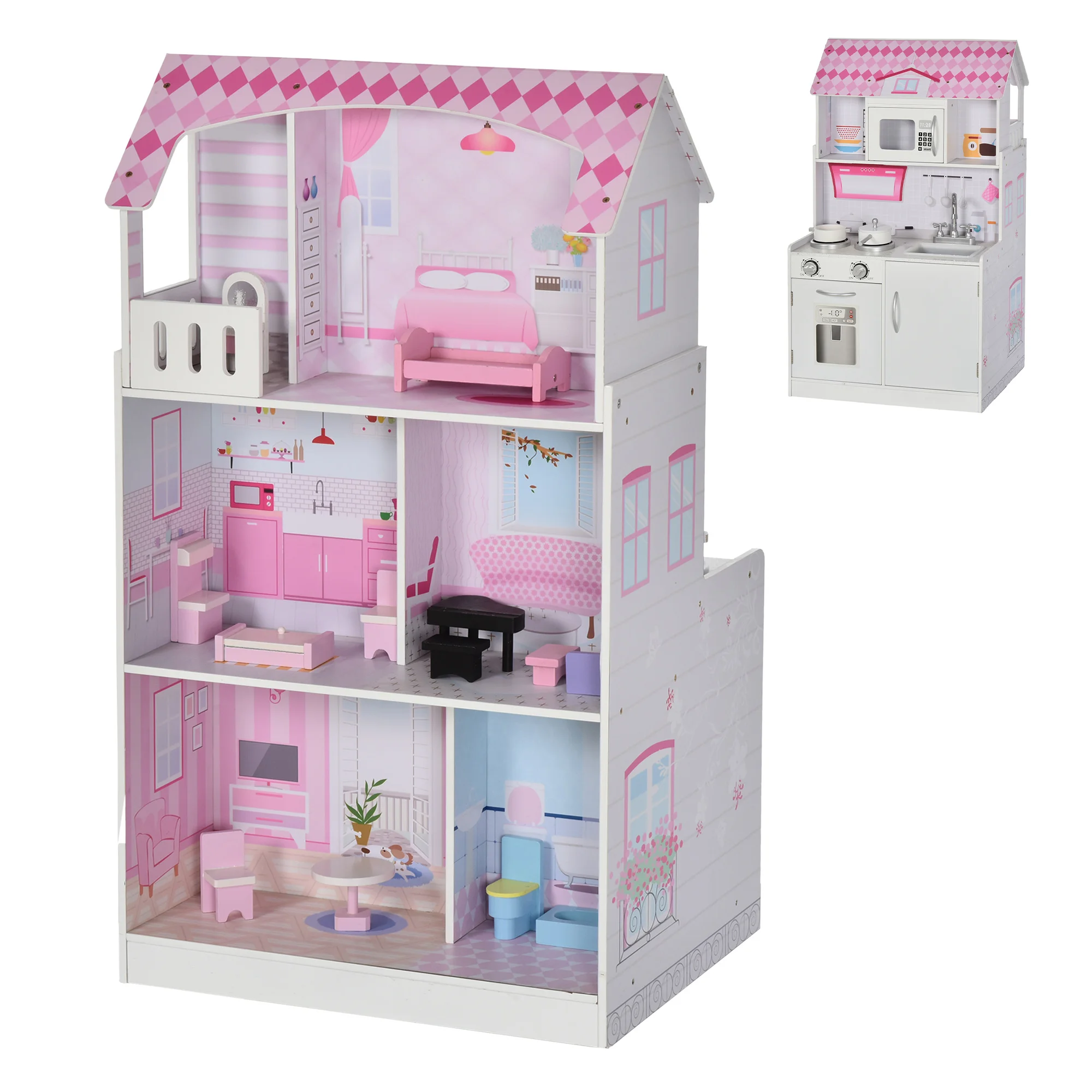 HOMCOM 2 in 1 3-story toy with storage space 12 accessories included role-playing game 60x48x106 cm pink