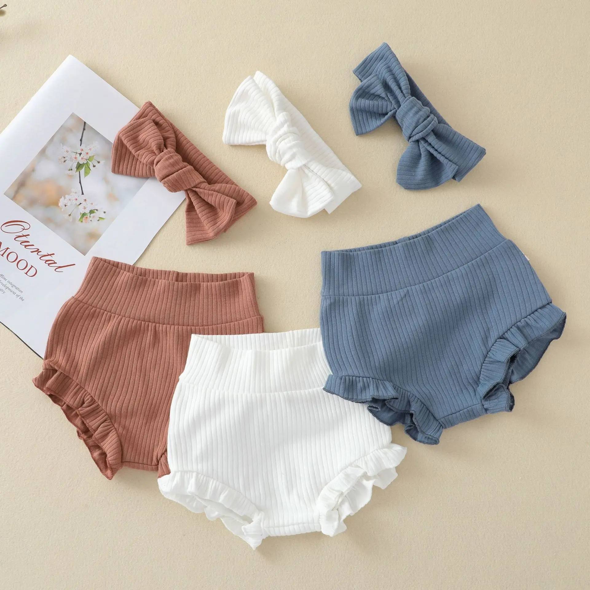 Summer Kids Boys Shorts Solid Color Baby Girl Clothes Cotton PP Pants With Hair Band Lace Bows Triangle Toddler Bottoms 6-24M