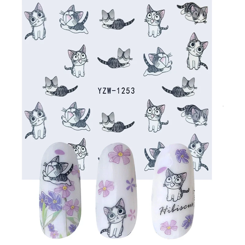 

1 Sheet Water Transfer Nail Stickers Cute Cartoon Kitten Foil Art Nails Sticker Zipper Bow Flower Nail Applique Jewelry