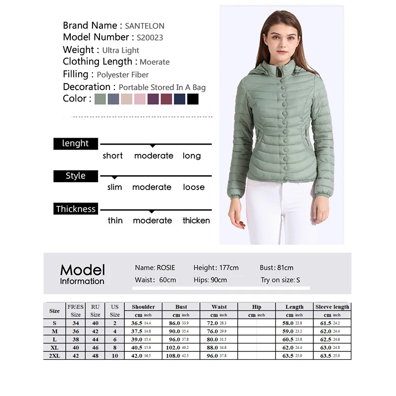 SANTELON Women Elegant Fashion Design Padded Puffer Jacket Coat Female Soild Light Green Warm Cotton Clothes Ultralight Outwear