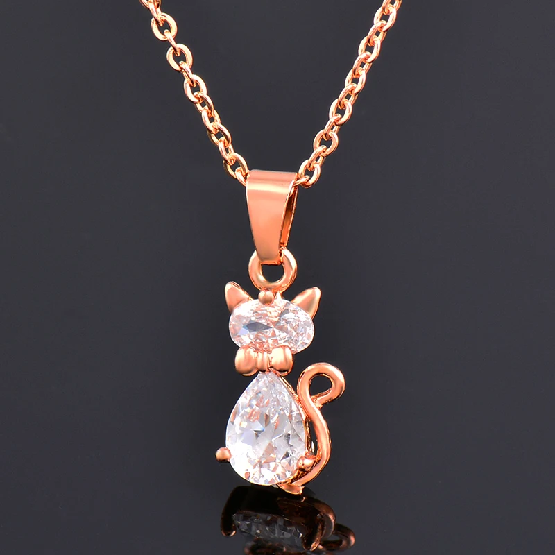 SINLEERY Charm Cubic Zircon Cat Pendant Animal Shaped Necklace For Women Rose Gold Silver Color Chain Jewelry XL534