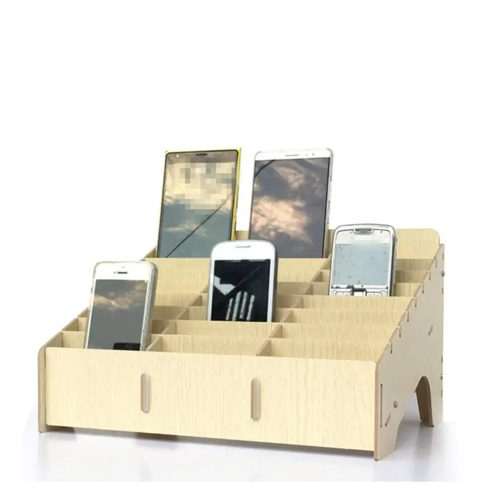 Mobile Phone Organiser, 24 Grid DIY Wooden Mobile Phone Desktop Storage Box with Multi-Color for Office and School Supplies