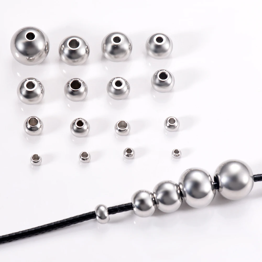 50Pcs/Lot Silver Color Stainless Steel Spacer Beads Loose Ball With Hole Charm Bracelets Bangles DIY For Jewelry Making