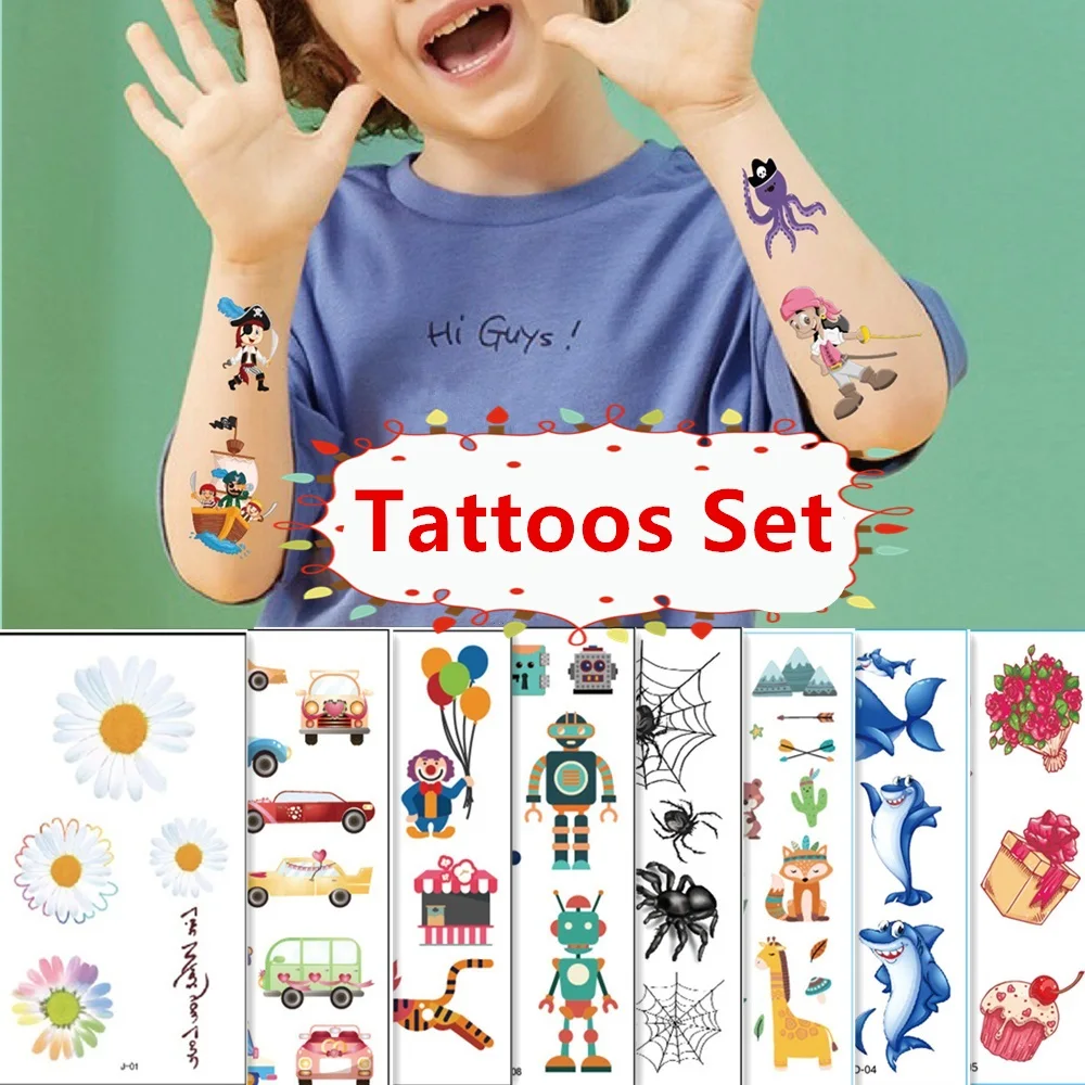 10pcs/set Colored Translation Tattoos Cartoon anime stickers Temporary children's tattoo Flower Animal Robot Shark Cake Cars