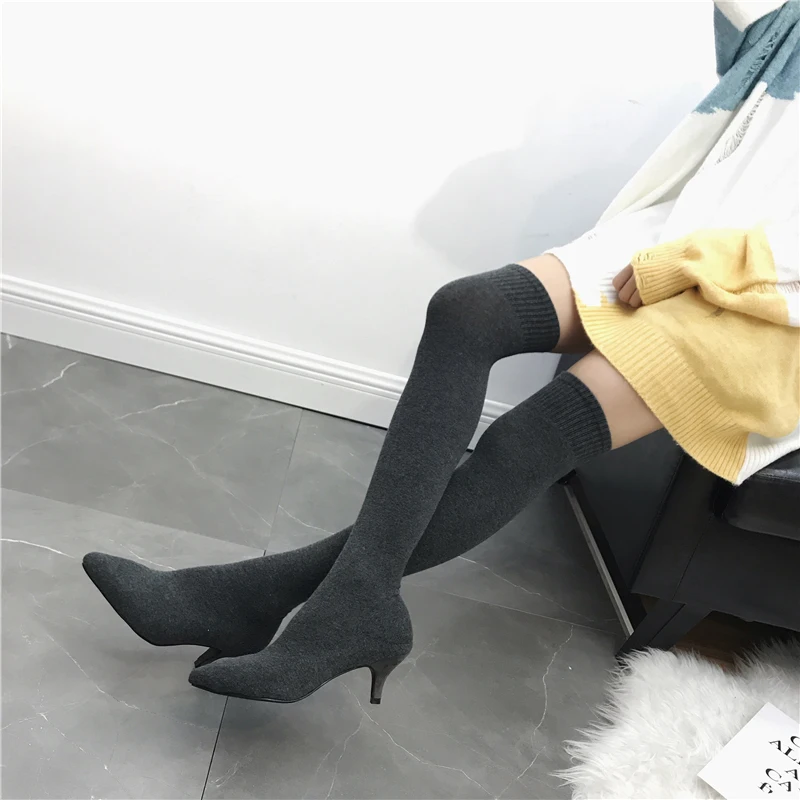 Over The Knee Women Boots Knitting Spring Autumn Slip On Knee Boots Pointed Toe Casual Dress Shoes Sock Boots Fashion Knee Boots