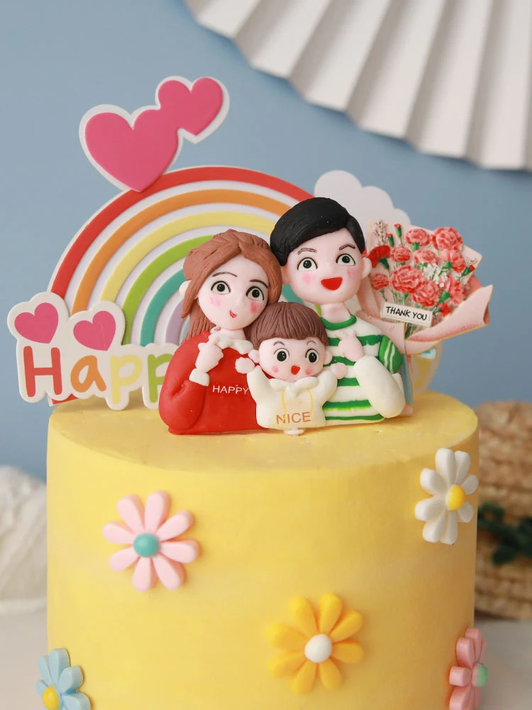 Happy We are family of mom Dad baby soft pottery family party dessert Happy Birthday Cake Topper Kid Party Supplies Love Gifts