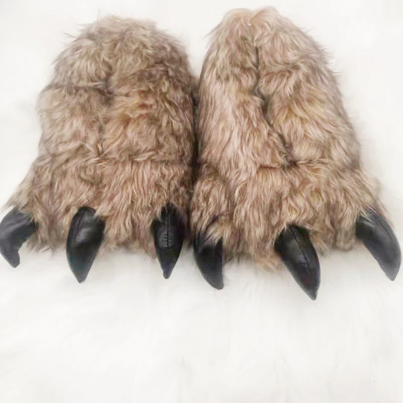 Wholesale Luxury Fluffy Paw AntiSlip Brown Plush House Indoor Slippers Men Animal Plush Home Bedroom Claw Slides Women Sandals