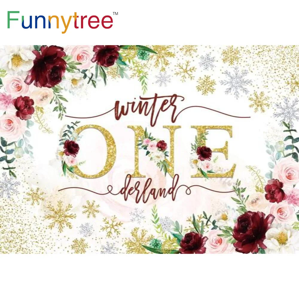 

Funnytree Flowers Winter Onederland Backdrop Golden Snowflake Birthday Baby Shower Newborn Party Decoration Photozone Background