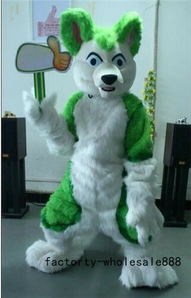 2019 Halloween Long Fur Fox Green Husky Dog Mascot Costume Suit Cosplay Adults Dress Apparel Cartoon Character Birthday Clothes