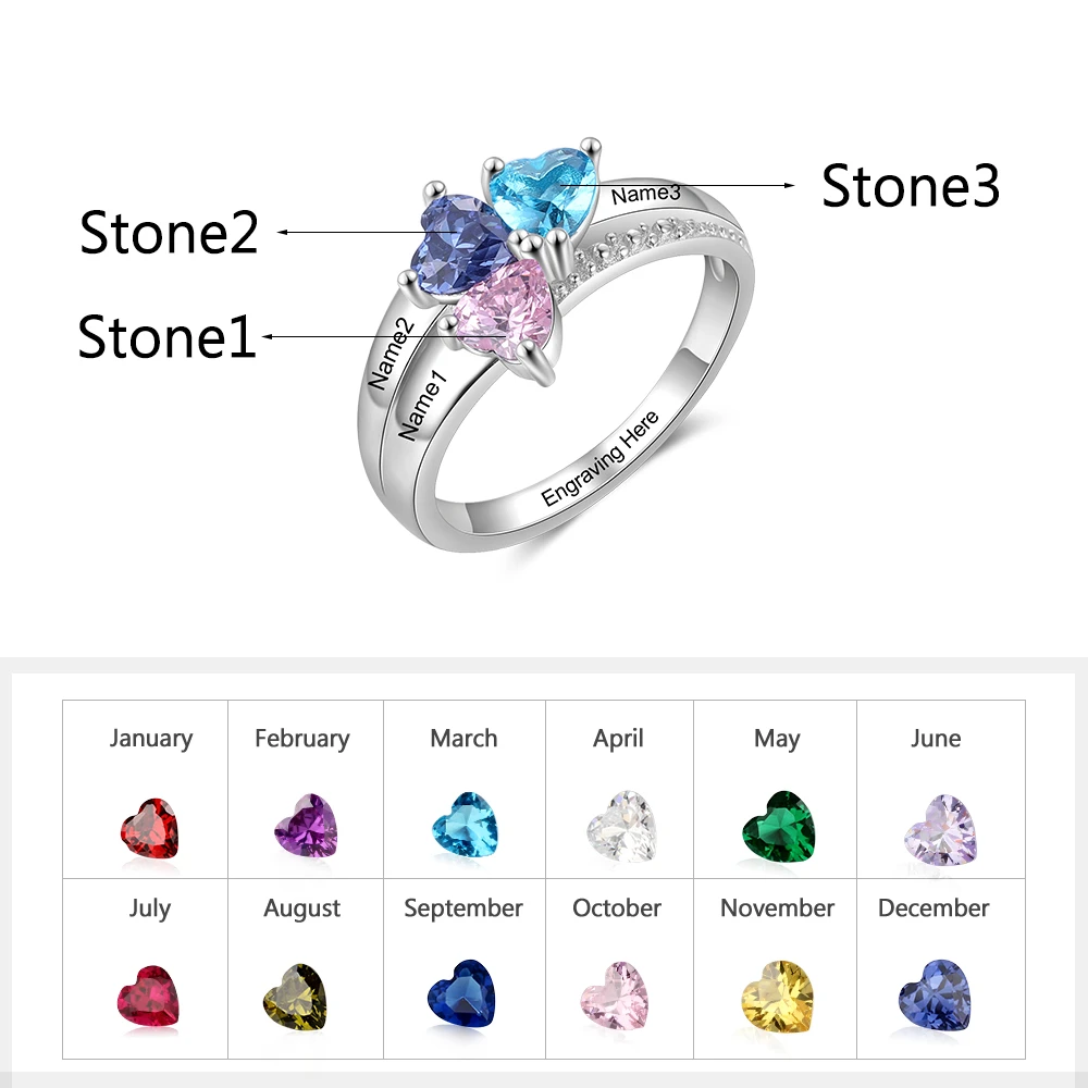 JewelOra Customized Mother Ring with 3 Heart Birthstones Personalized Silver Color Copper Name Engraved Rings for Women Gifts