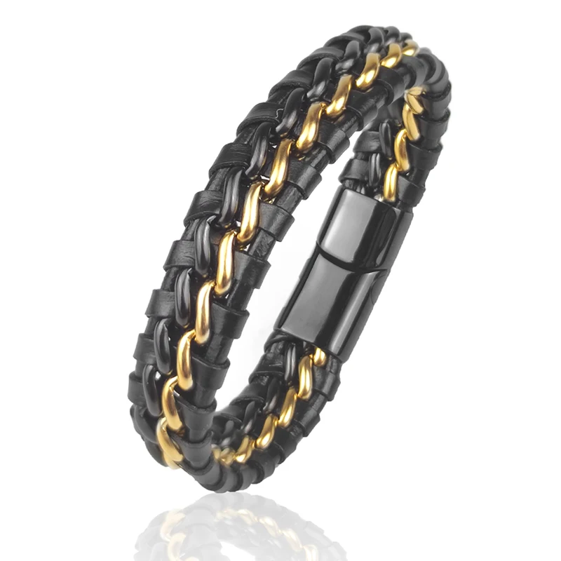 Echtes Leder-Kettenarmband für Herren, magnetischer Edelstahlverschluss in vergoldetem Gold, exklusiver Schmuck, Geschenk, Großhandel