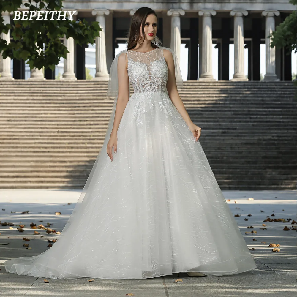 BEPEITHY Customized A Line Wedding Dress With Detachable Flow Ivory Lace O Neck Vintage Beach Bride Boho Bridal Gowns Vestidos