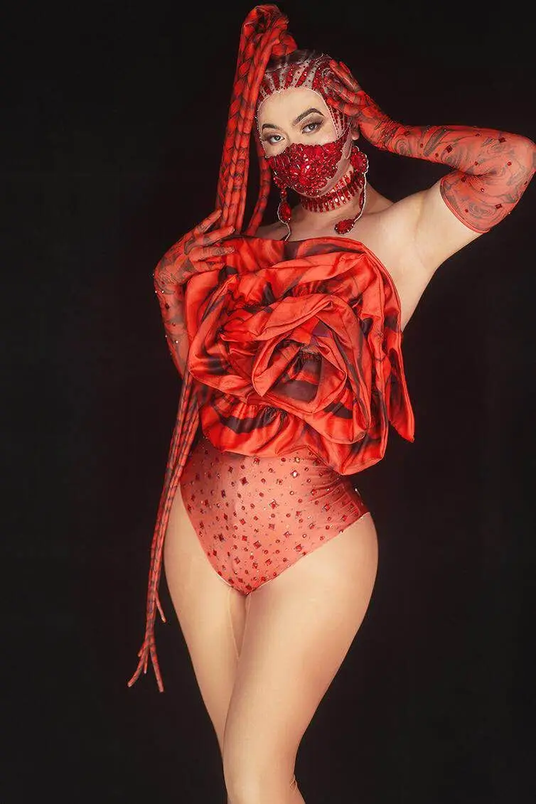 Red Big Rose body strass guanti Outfit Festival Party Show Stage Wear Bar Nightclub Sexy DJ Singer Dance Costume