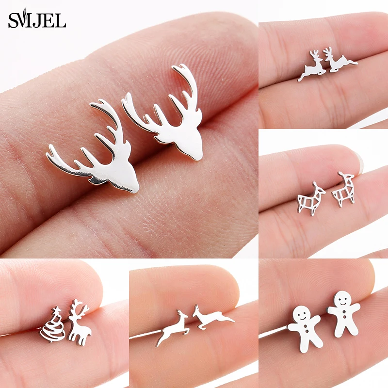 Cute Stainless Steel Deer Earrings Girls Fashion Christmas Reindeer Stud Earrings Tree Snowflake Bat Wolf Jewelry Xmas Gift