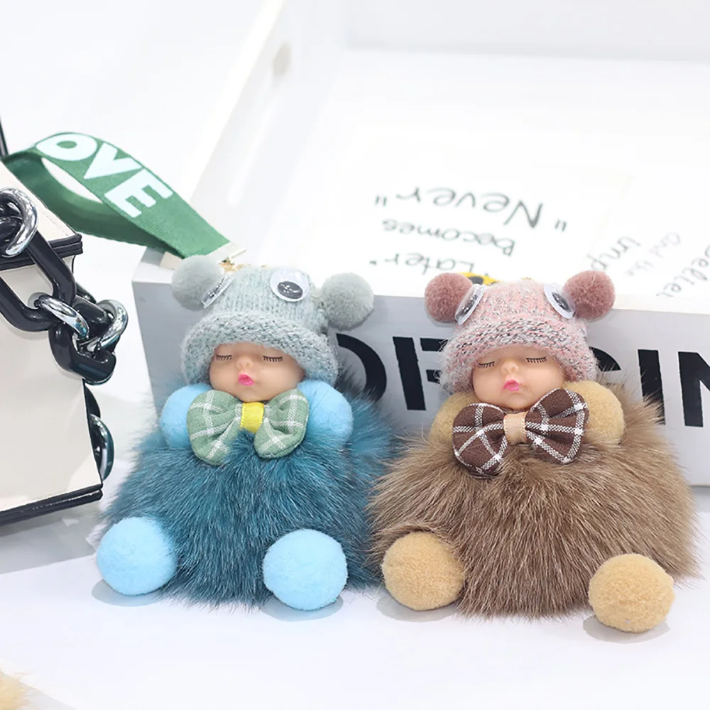 Fashion Colorful Sleeping Baby Doll Car Keychain Hanging Piece Hair Ball Bag Pendant Cute Fluffy Fur Pompom Key Ring Holder Toy