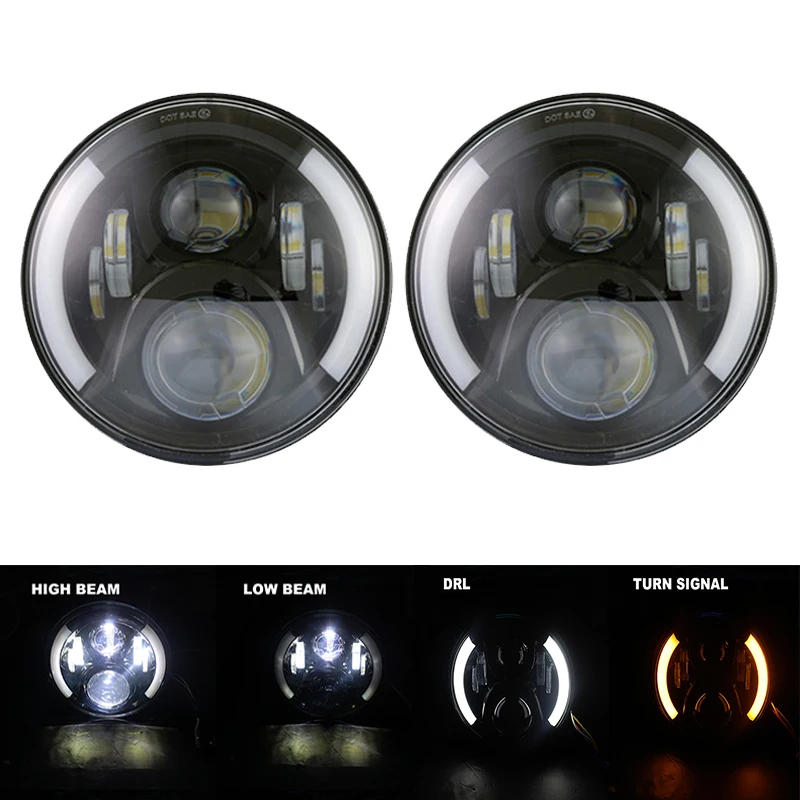 LED Round Headlight 7 inch 2PCS  E-MARK Approved 6000K Hi/lo Beam lamp Halo for Jeep Wrangler JK TJ LJ Harley-Bike