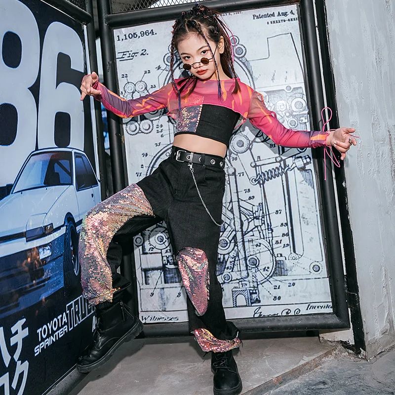 

New Children'S Jazz Dance Costumes Rose Red Long Sleeve Tops Shiny Sequin Suit Kids Hip Hop Street Dance Stage Clothing DQL5236