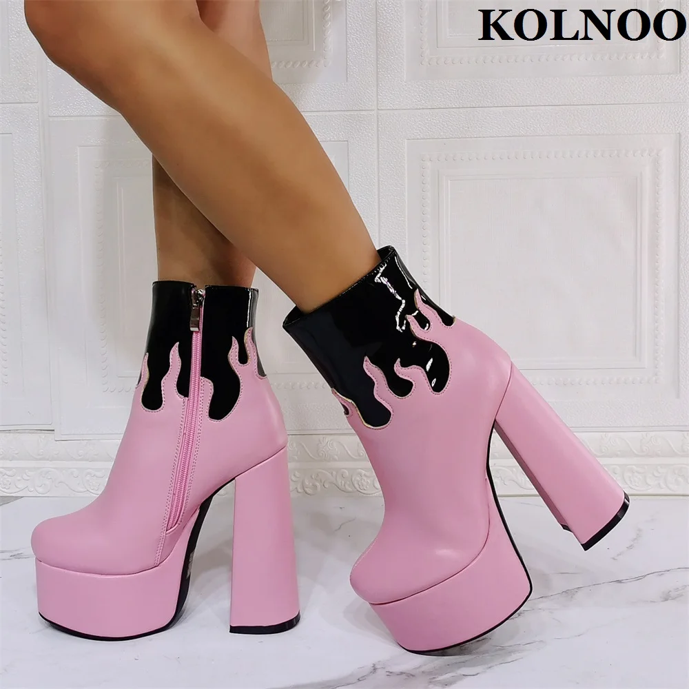 

Kolnoo New Pink Designed Handmade Ladies Chunky Heel Boots Platform Sweet Xmas Club Ankle Booties Evening Fashion Party Shoes