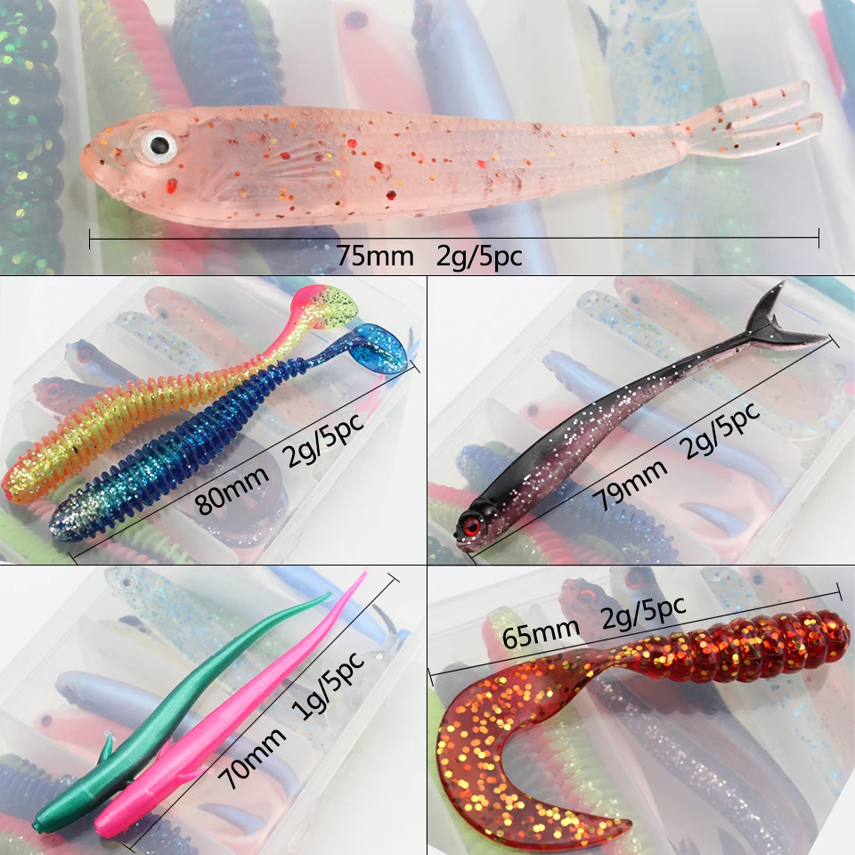 25pcs/Box small soft bait sea fishing tackle fishing lure silicone bait soft Transparent fish Set and Tackle Box Stick Lures