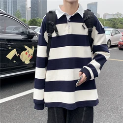 Autumn All-Match Casual Striped Loose Long Sleeve Men Polo T Shirts Fashion Lapel Black Yellow Oversized Punk Streetwear Clothes